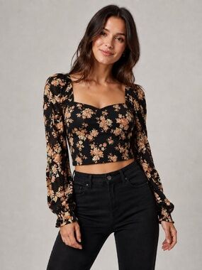 FREE PEOPLE Black Floral Statement Top | Size Small